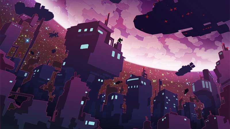 Silhouetted Cityscape — Purple