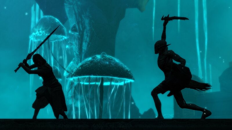 Silhouetted combat underwater