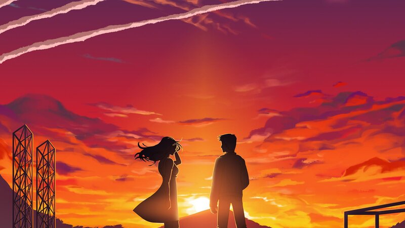 Silhouetted Couple at Sunset — Orange, Dramatic