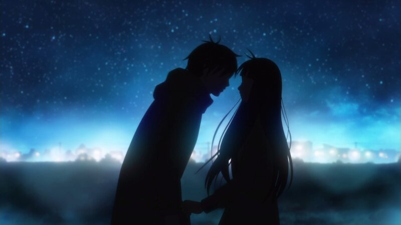 Silhouetted Couple — Blue, Romantic, Night, Anime, Stars, City Lights