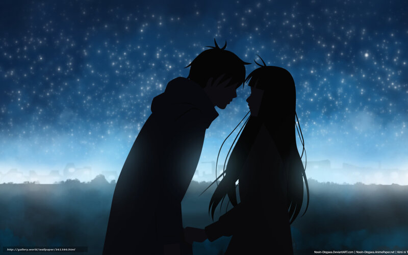 Silhouetted Couple — Blue, Romantic, Night, Anime