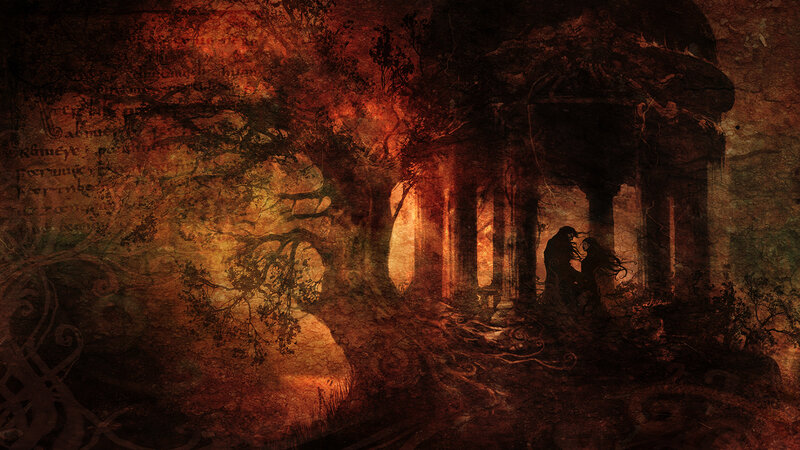 Silhouetted Couple in Ruins — Brown, Dramatic, Night