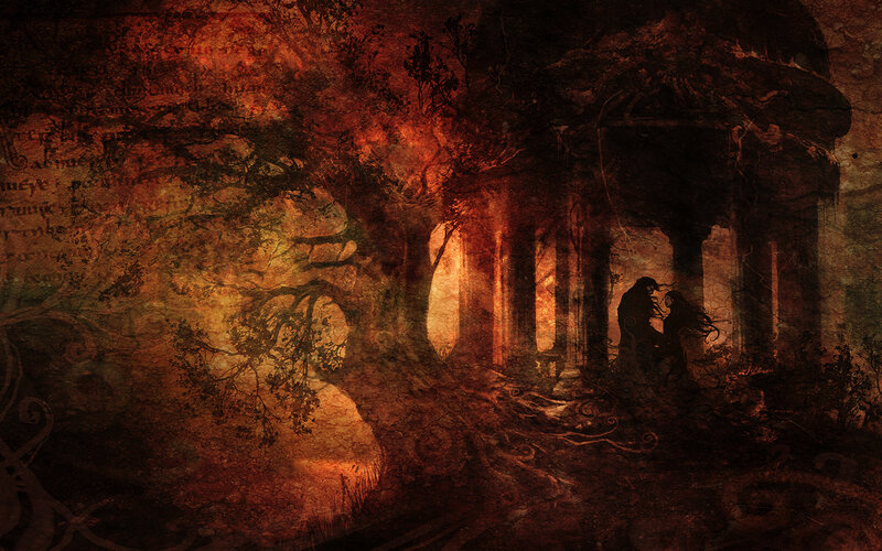 Silhouetted Couple in Ruins — Brown, Dramatic