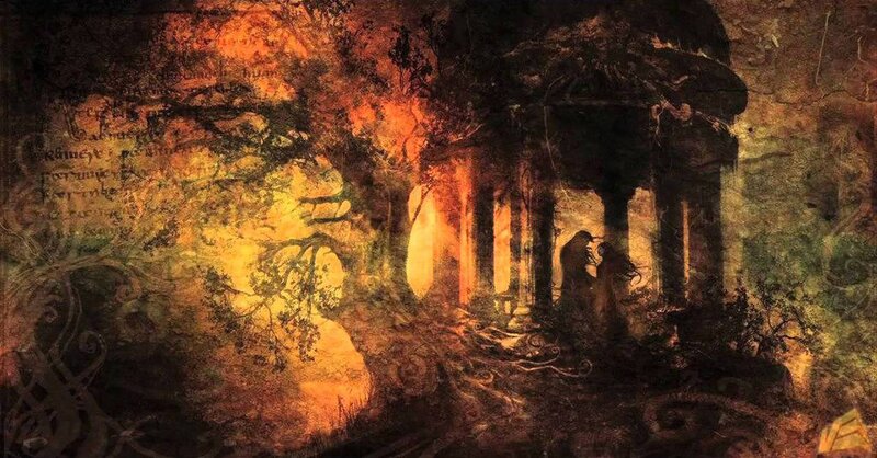 Silhouetted Couple in Ruins — Orange