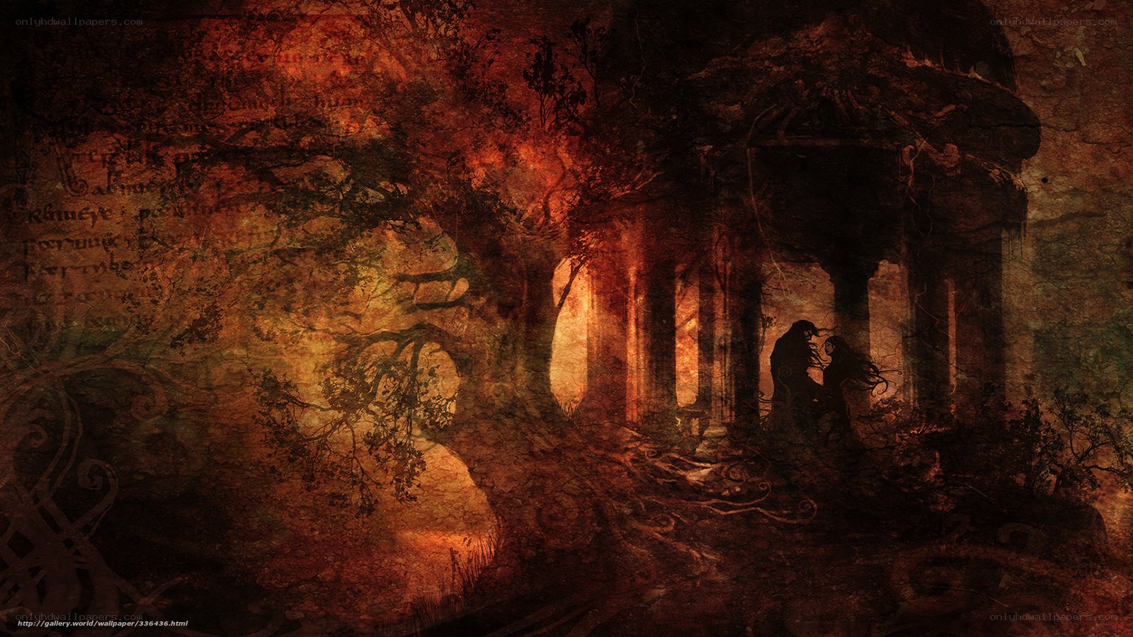 Silhouetted couple in ruins