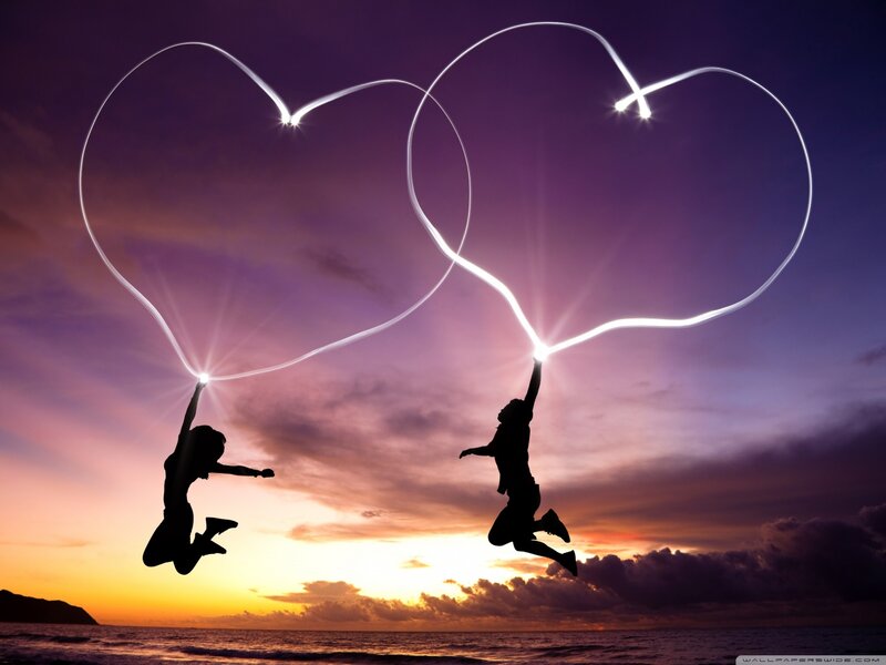 Silhouetted Couple Jumping — Purple, Dramatic