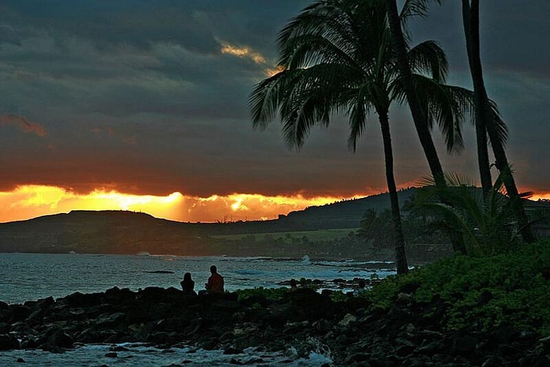 Silhouetted Couple on Beach — Orange, Dramatic