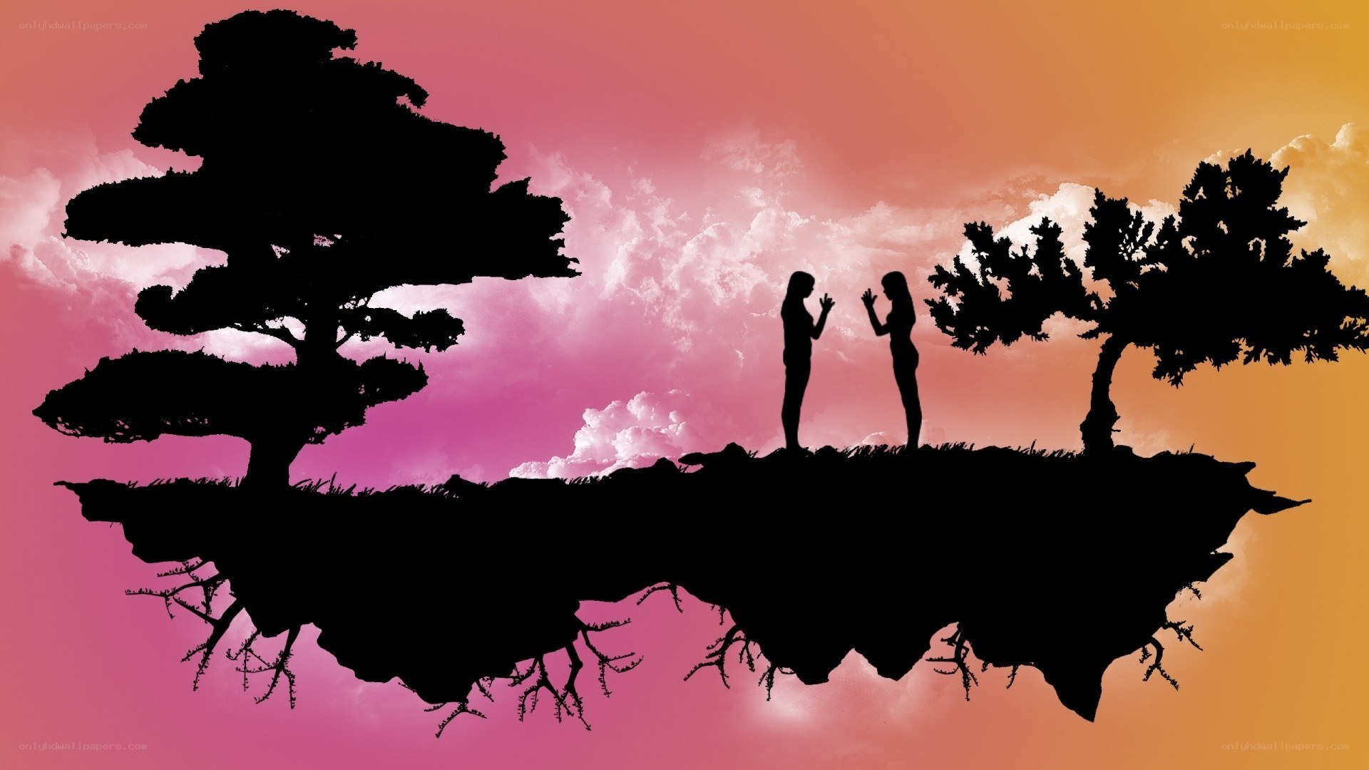 silhouetted couple on floating island