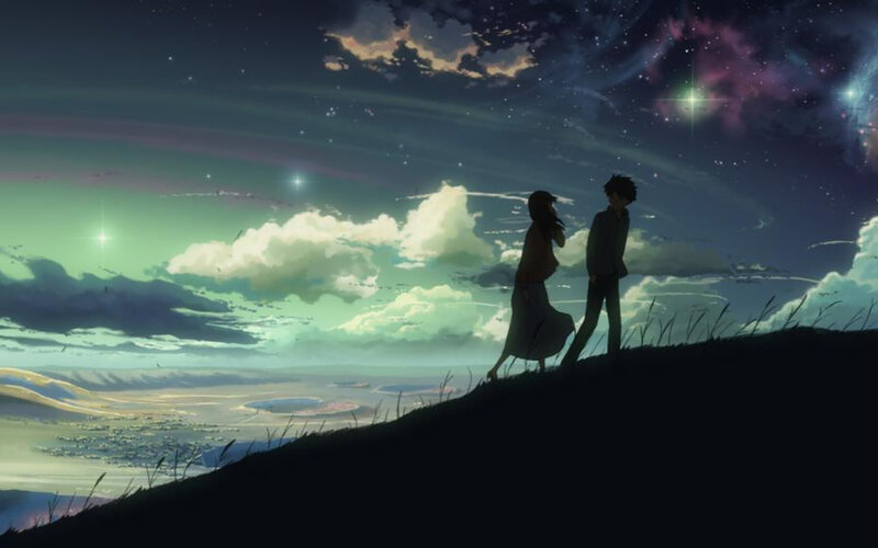 Silhouetted Couple on Hill — Dark Blue, Serene, Night