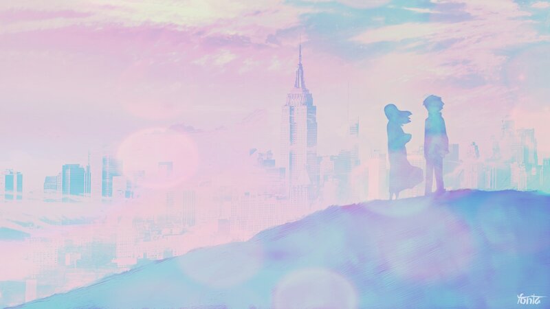 Silhouetted Couple on Hill — Pink