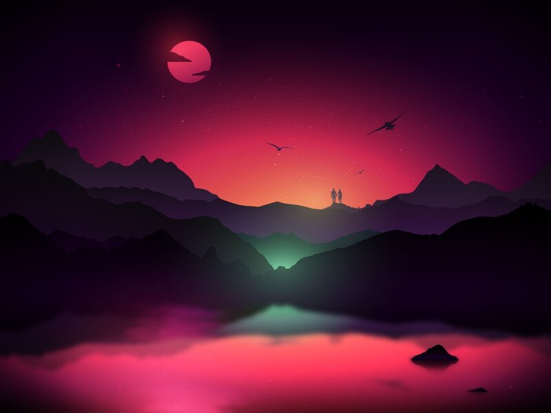 Silhouetted Couple on Mountain — Purple