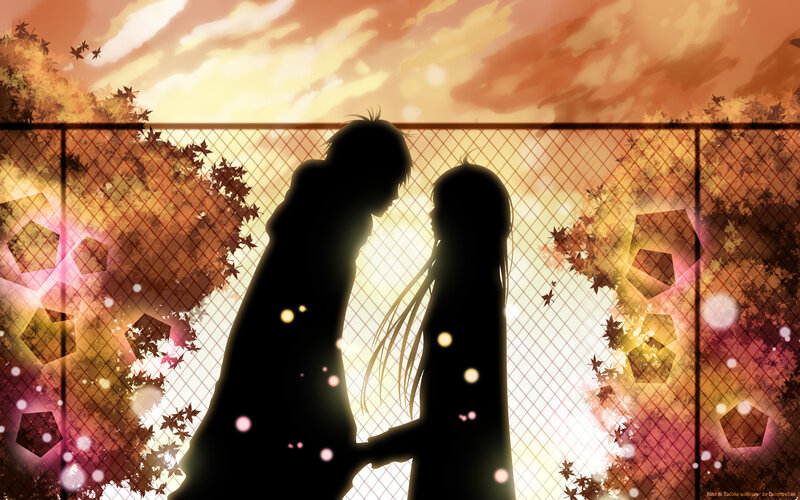 Silhouetted Couple — Orange, Romantic, Sunset, Anime