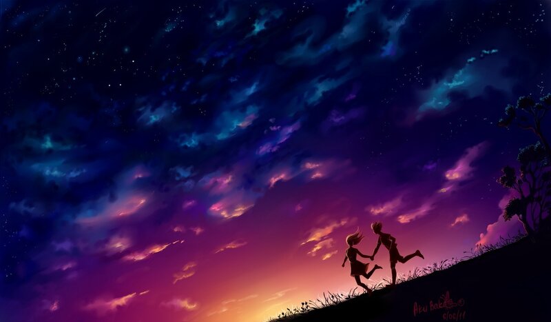 Silhouetted Couple Running