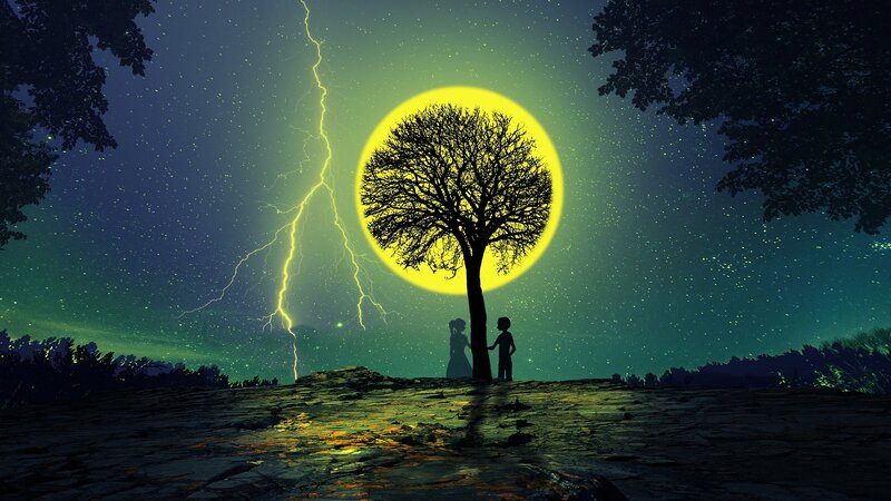 Silhouetted Couple under Tree — Yellow
