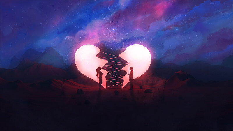 Silhouetted Couple with Broken Heart — Purple