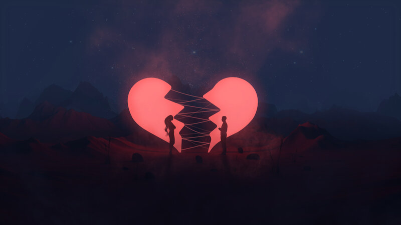 Silhouetted Couple with Broken Heart