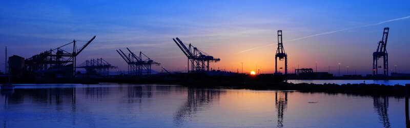 Silhouetted Cranes at Port — Blue, Serene