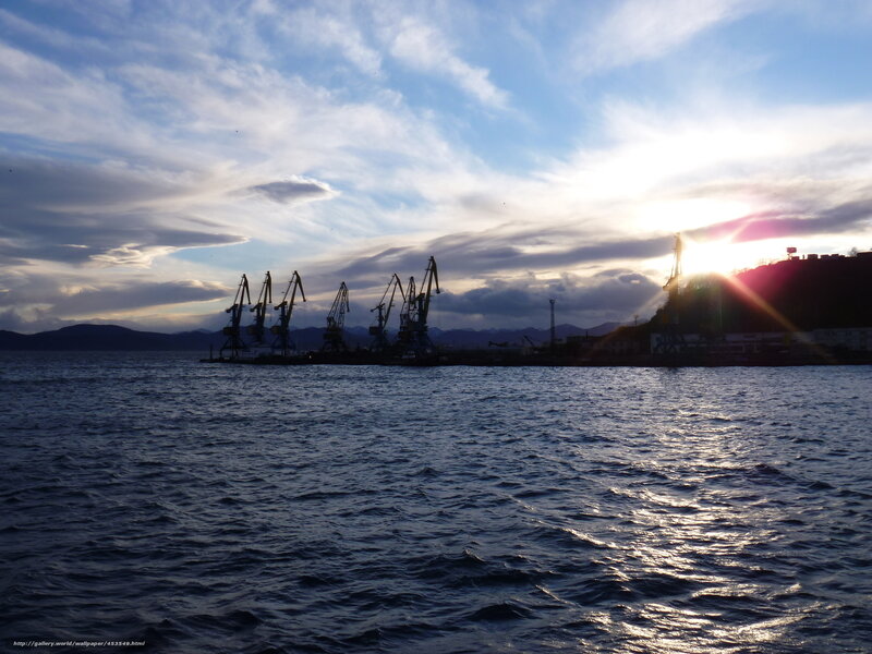Silhouetted Cranes at Port — Blue