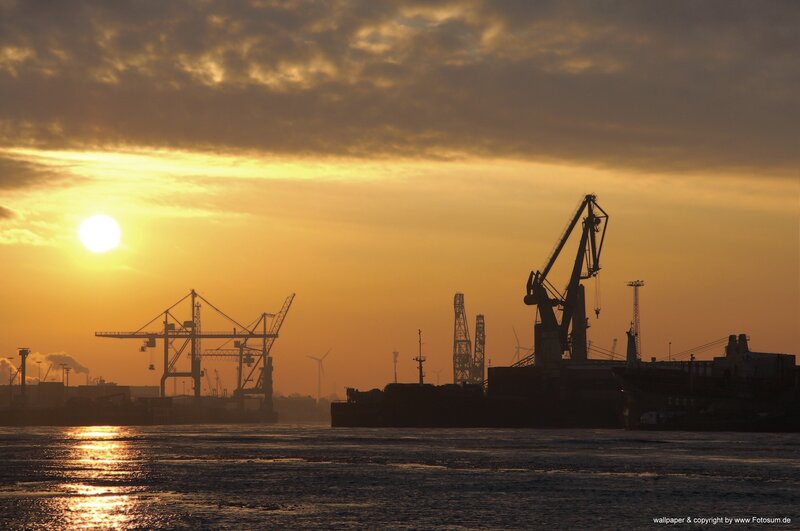 Silhouetted Cranes at Port