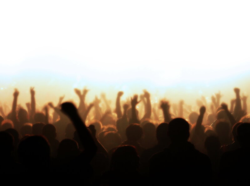 Silhouetted Crowd at Concert — Black, Energetic, Night, Photograph, Hands Raised
