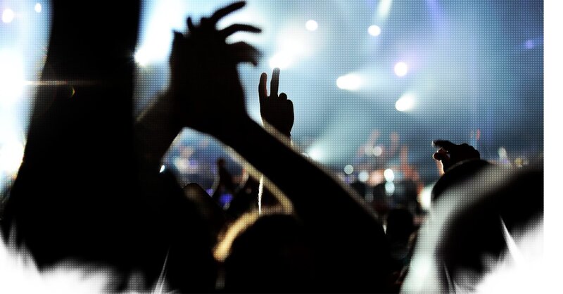 Silhouetted Crowd at Concert — Black, Energetic, Night, Photograph, Hands, Stage Lights, White