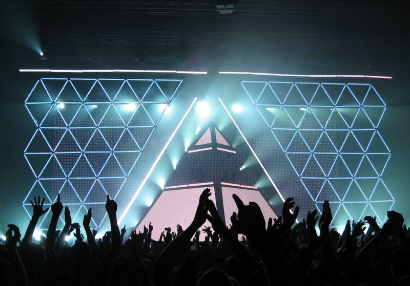 Silhouetted Crowd at Concert — Black, Energetic, Night, Photograph, Stage, Lights, Pyramid