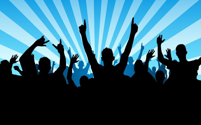 Silhouetted Crowd at Concert — Blue, Energetic, Vector Art, Hands Raised, Sunburst Background