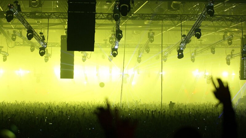 Silhouetted Crowd at Concert — Yellow, Energetic, Night, Photograph