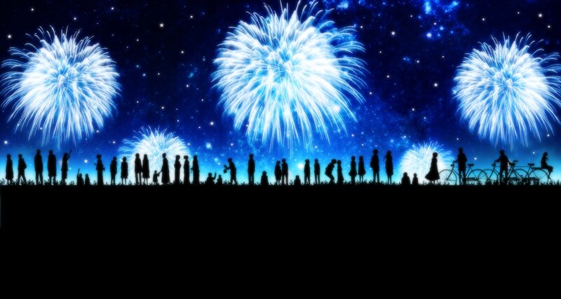 Silhouetted Crowd Watching Fireworks