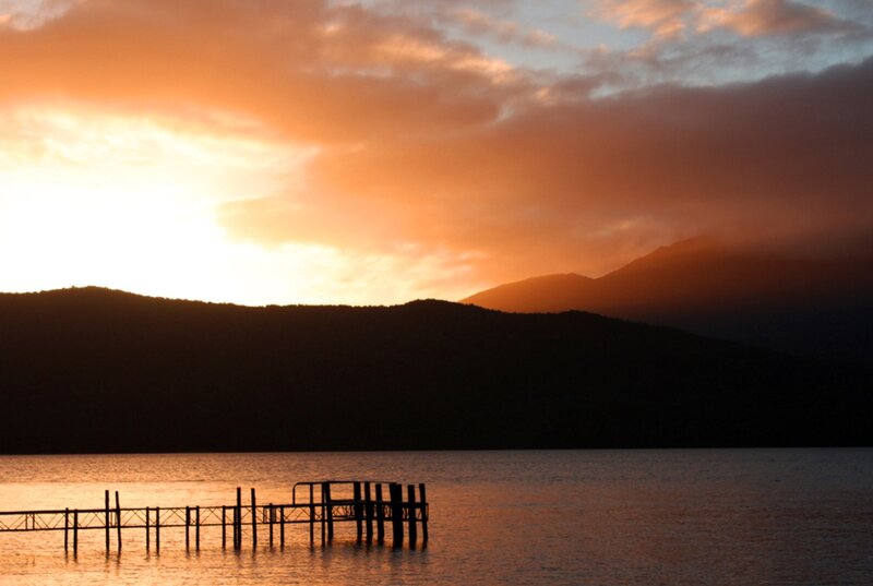 Silhouetted Dock at Sunset — Orange, Serene, Photograph