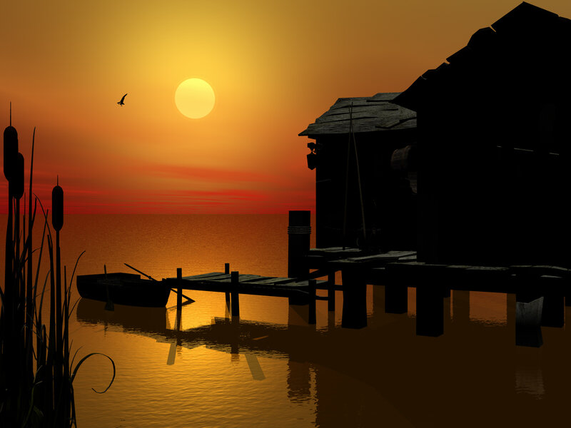 Silhouetted Dock at Sunset — Orange, Serene
