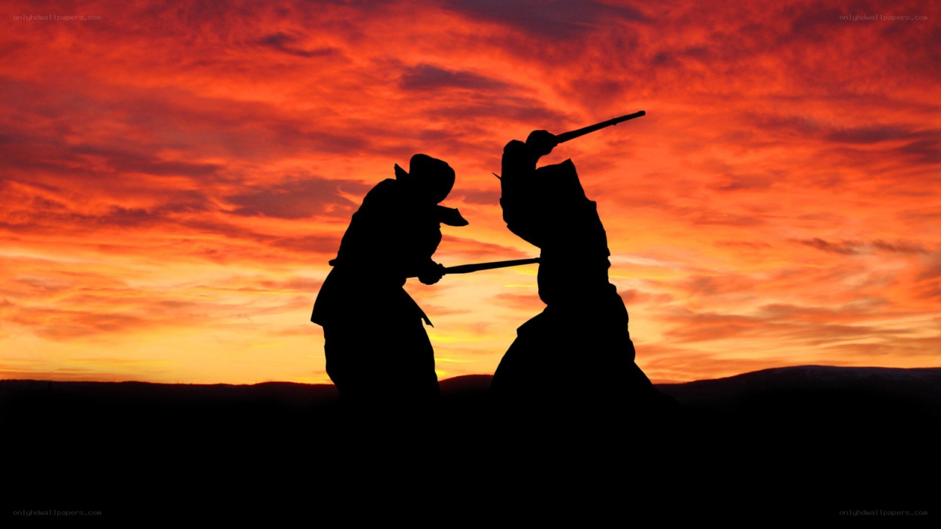 Silhouetted duel at sunset