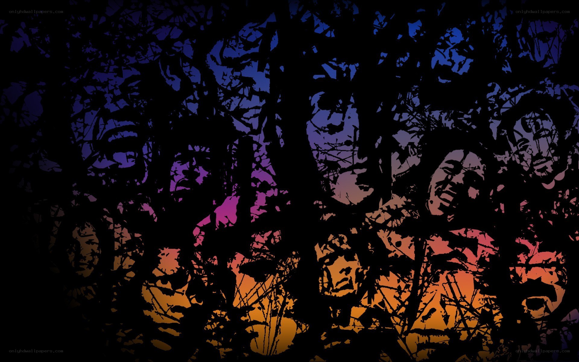 Silhouetted faces in colorful forest