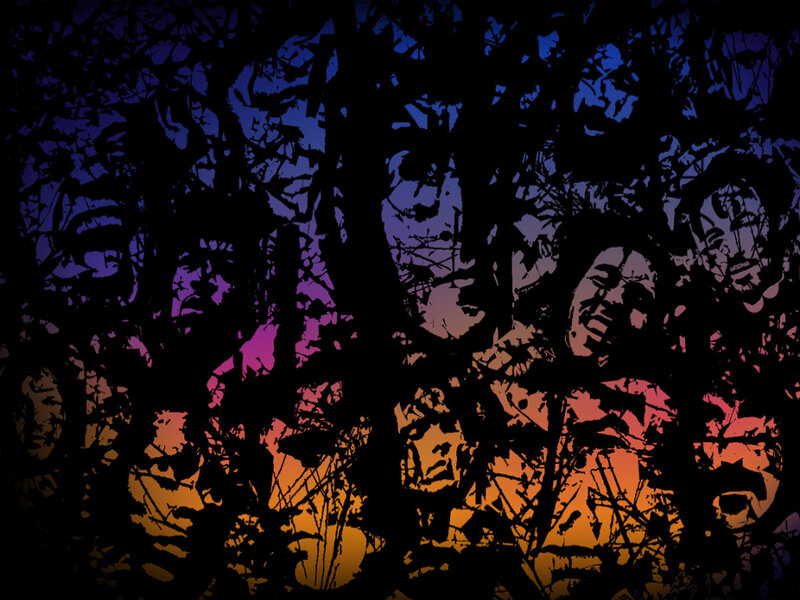 silhouetted faces in forest