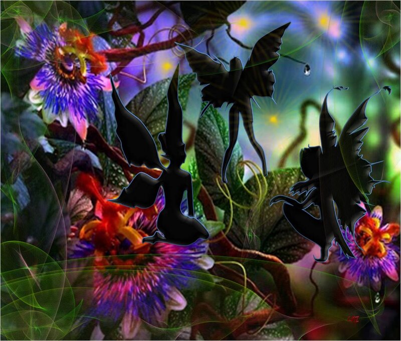 Silhouetted Fairies in Garden