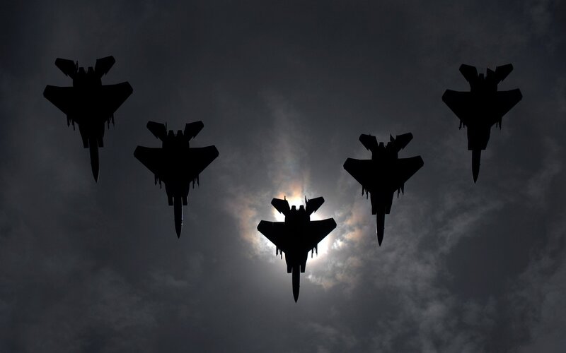 Silhouetted Fighter Jets — Black, Dramatic, Night, Photograph, Aircraft, Clouds