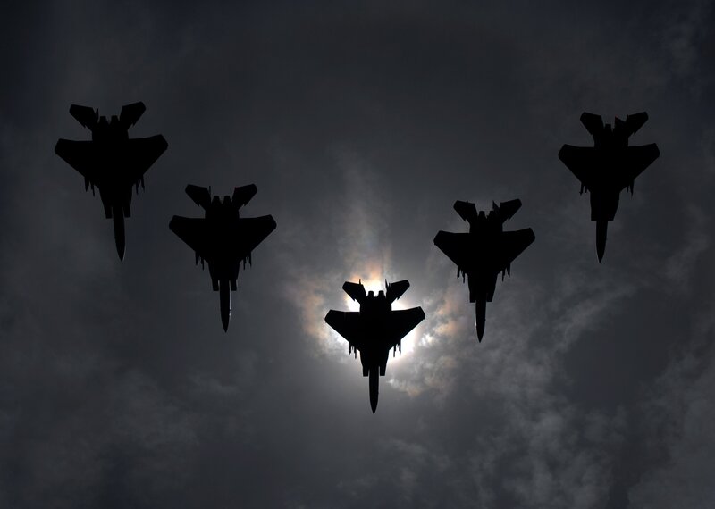 Silhouetted Fighter Jets — Black, Dramatic, Night, Photograph, Aircraft, Sky
