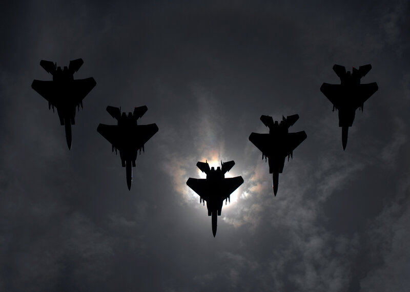 Silhouetted Fighter Jets — Black, Dramatic, Sunset, Photograph, Sun, Clouds