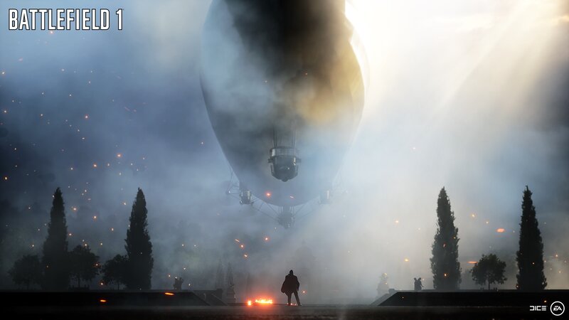 Silhouetted Figure under Airship