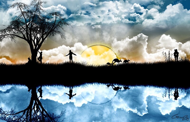 Silhouetted Figures and Kangaroos