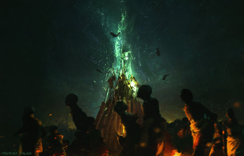 Silhouetted Figures Around Fire