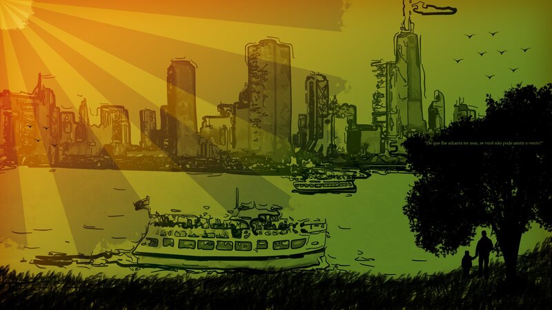 Silhouetted Figures by River