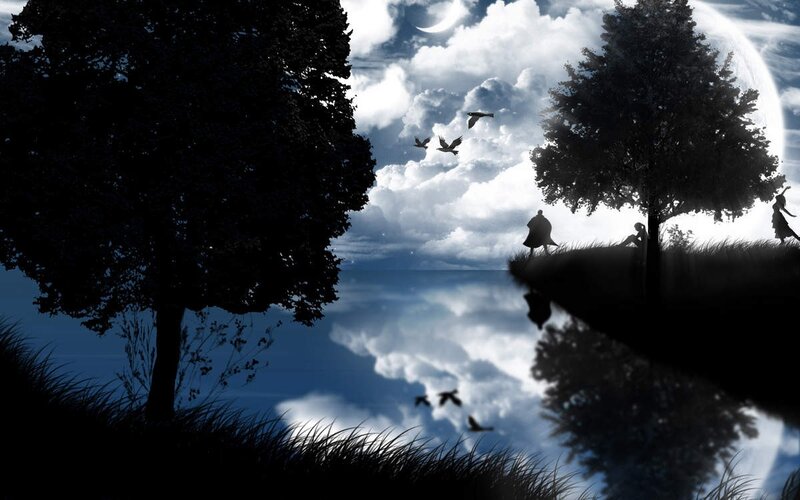 Silhouetted Figures by Water — Black