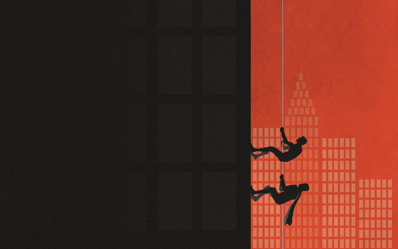 Silhouetted Figures Climbing
