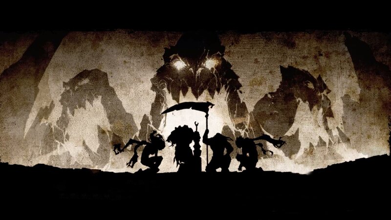 Silhouetted Figures Facing Monster — Black