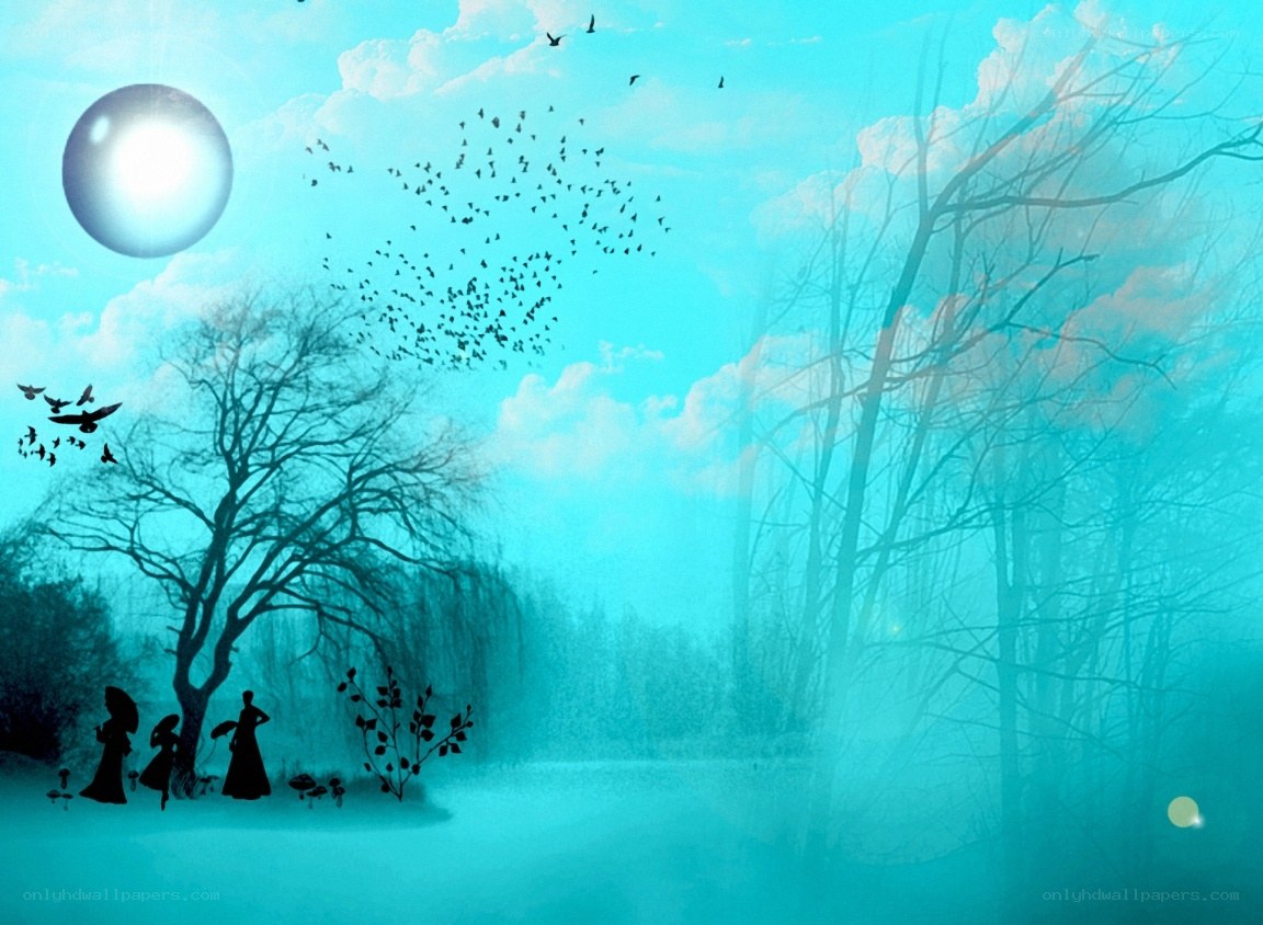 silhouetted figures in a dreamy forest
