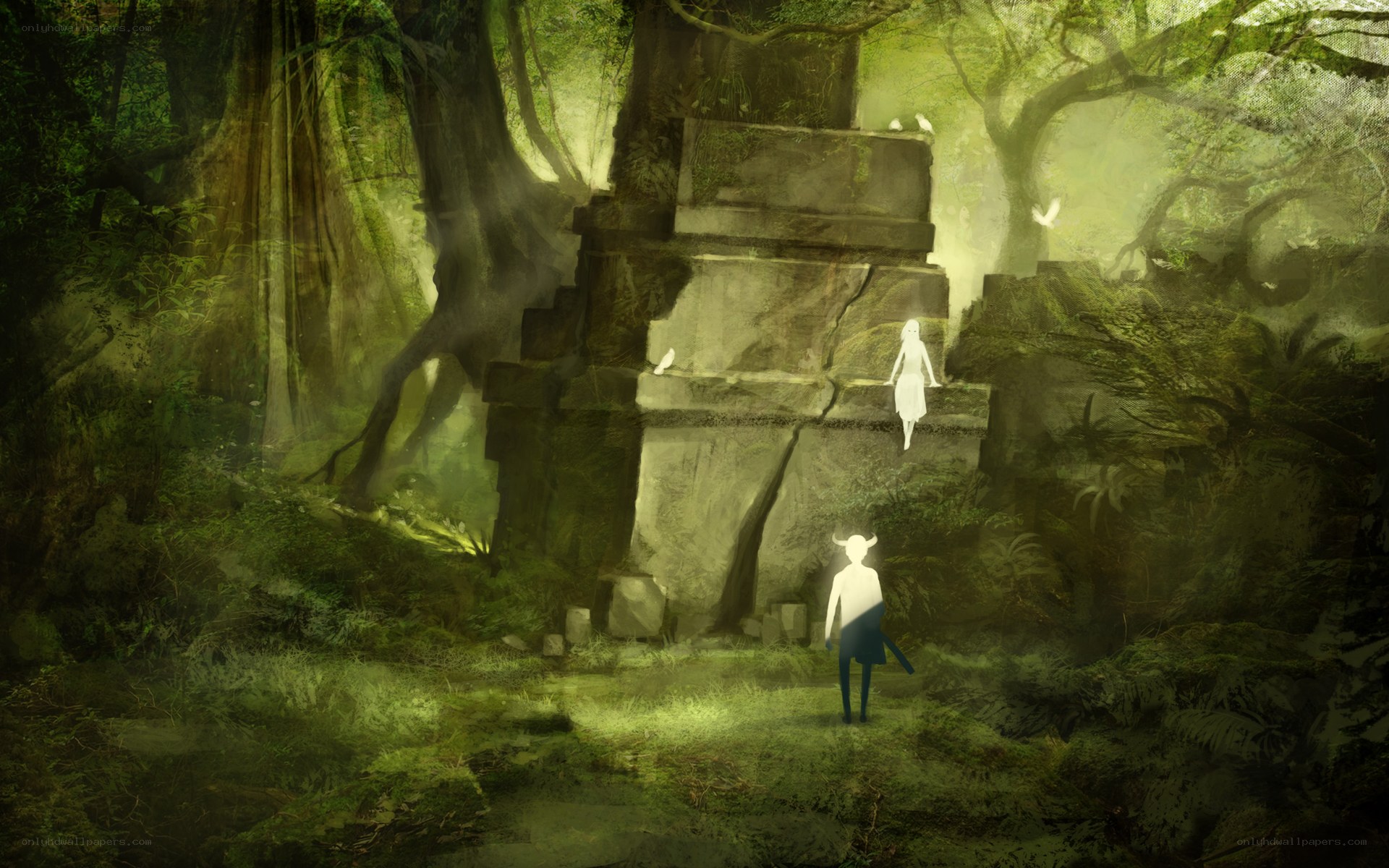 Silhouetted figures in a forest ruin