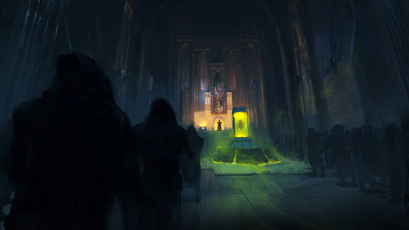 Silhouetted Figures in Cathedral