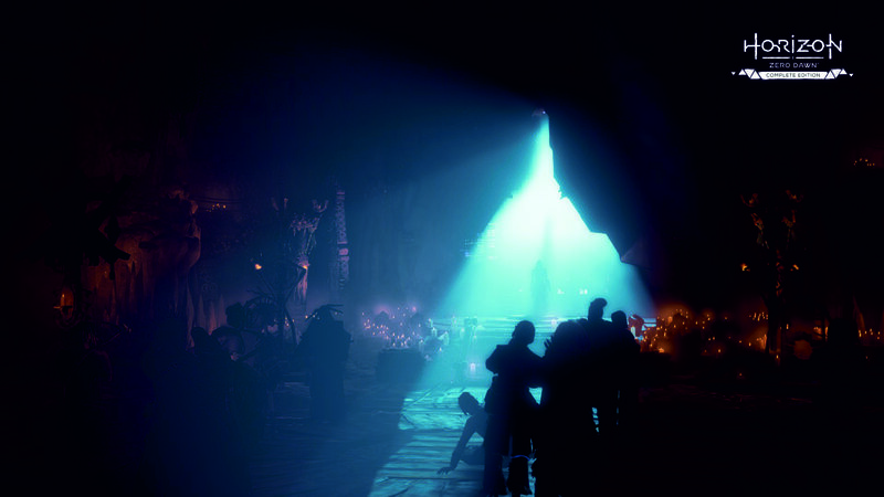 Silhouetted Figures in Cave — Blue, Dramatic