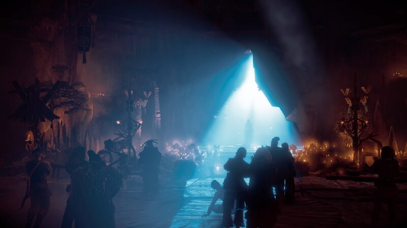 Silhouetted Figures in Cave — Blue